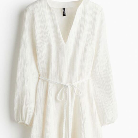 White Tie-Belt Balloon-Sleeved Dress, with belt, Size 36 S, H&M - Picture 3 of 4